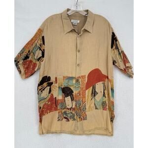 Citron Santa Monica Mens Taupe Silk Asian Kimono Geisha Button Shirt Sz M
